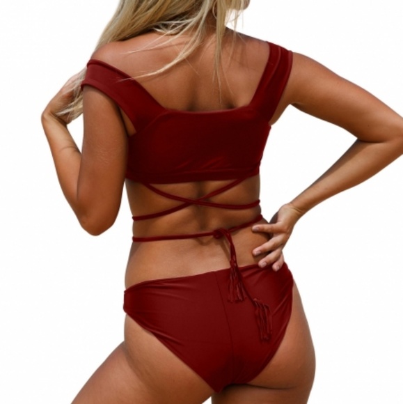 Burgundy Strappy Crisscross 2pcs Tankini Swimsuit - Picture 2 of 3